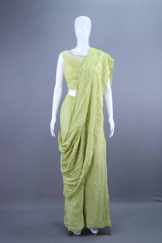 Stylish Lime Green Crop Top with Palazzo and Long Jacket Set