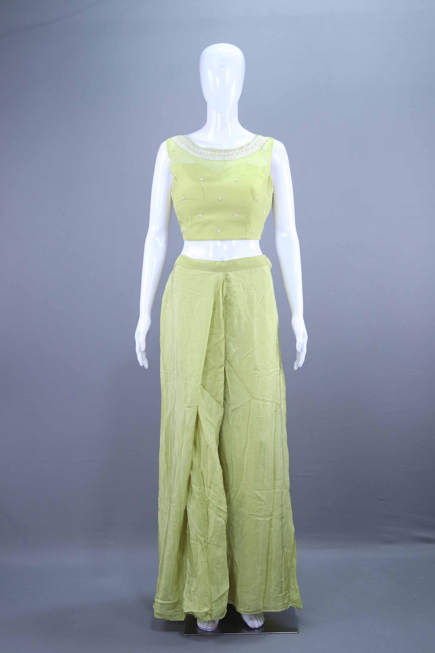 Stylish Lime Green Crop Top with Palazzo and Long Jacket Set