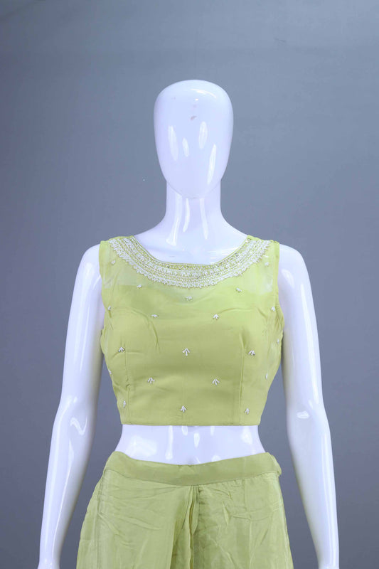 Stylish Lime Green Crop Top with Palazzo and Long Jacket Set