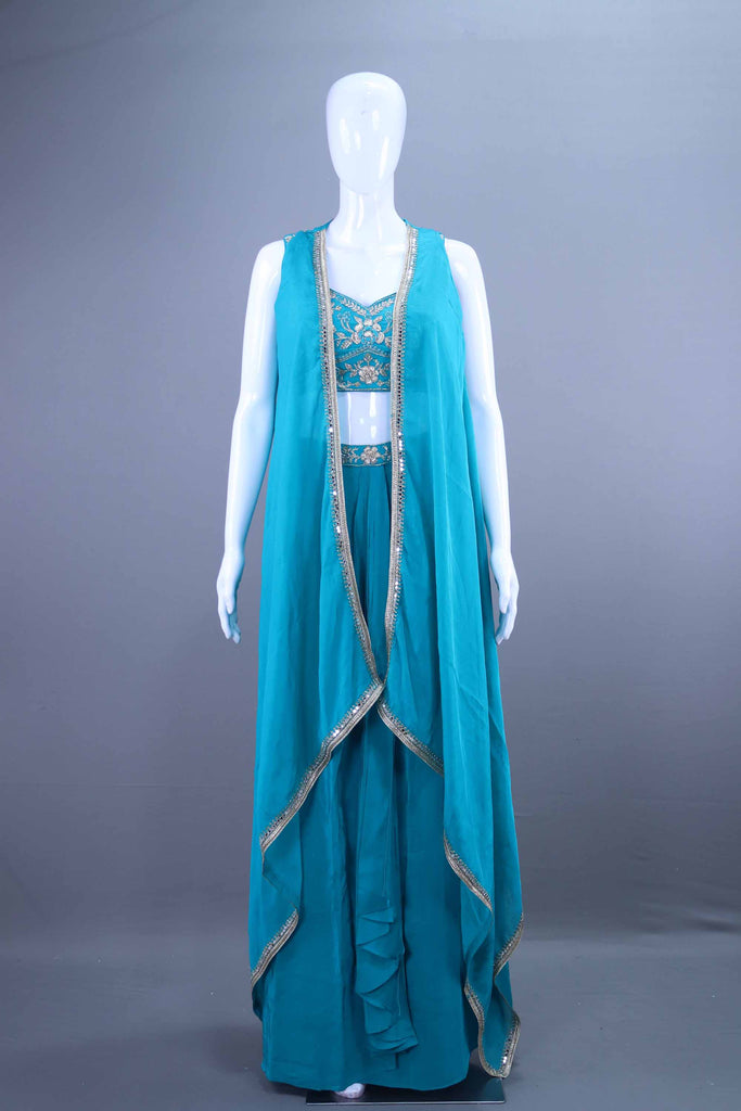 Teal Blue Embroidered Crop Top with Draped Jacket Palazzo Set 