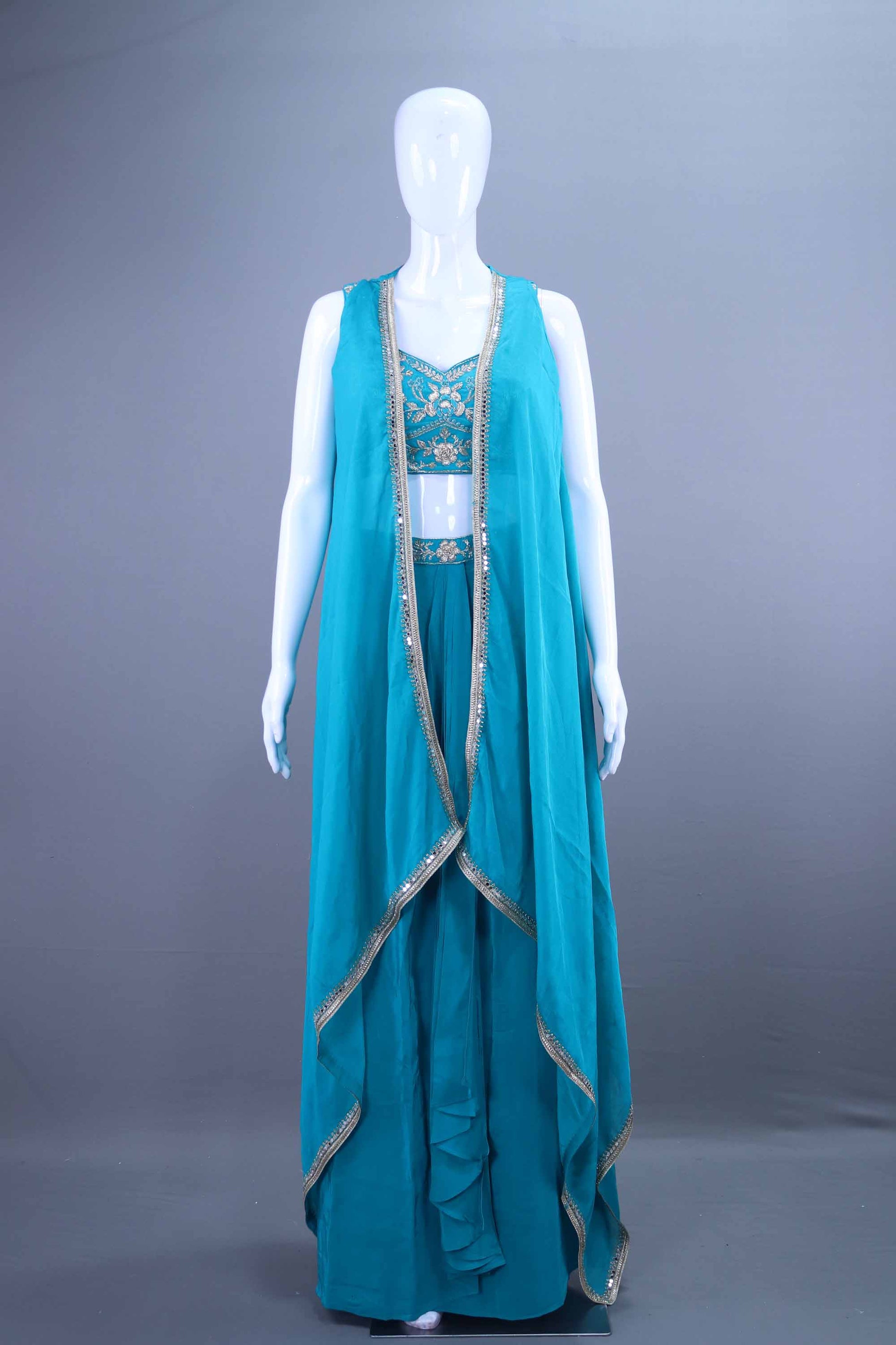 Teal Blue Embroidered Crop Top with Draped Jacket Palazzo Set 