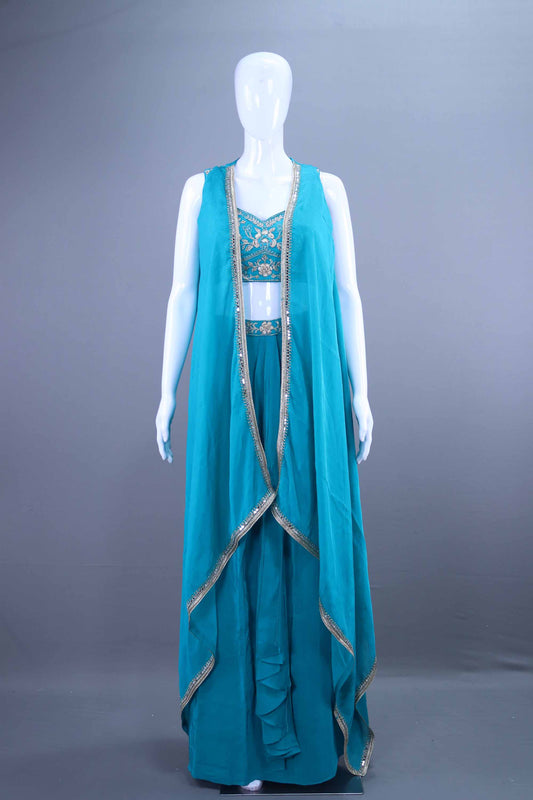 Teal Blue Embroidered Crop Top with Draped Jacket Palazzo Set 