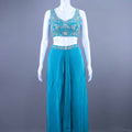 Teal Blue Embroidered Crop Top with Draped Jacket Palazzo Set