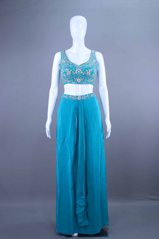Teal Blue Embroidered Crop Top with Draped Jacket Palazzo Set