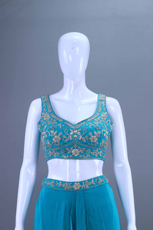 Teal Blue Embroidered Crop Top with Draped Jacket Palazzo Set