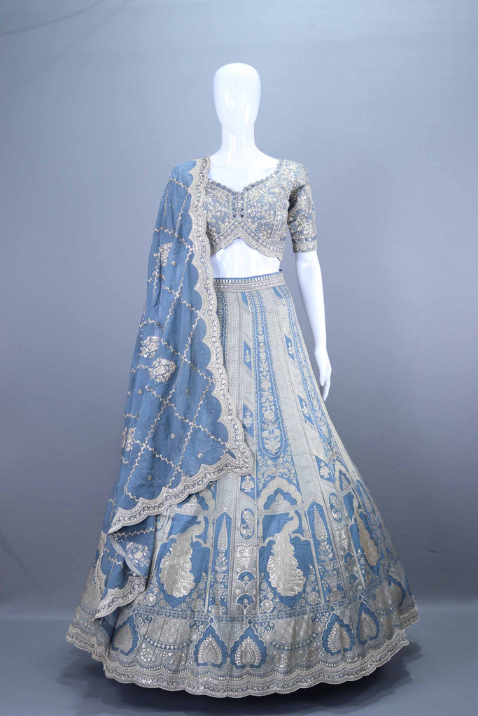 Sky Blue Embroidered Silk Lehenga Choli Designer Party Wear Outfit