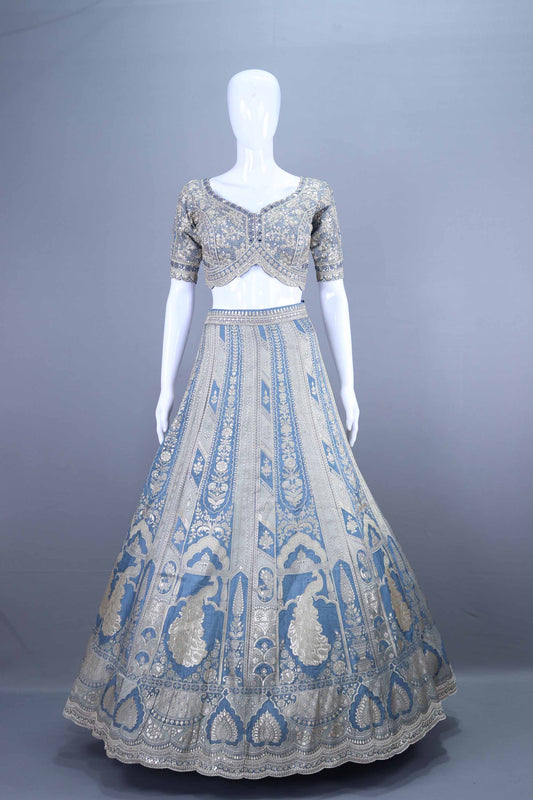 Sky Blue Embroidered Silk Lehenga Choli Designer Party Wear Outfit