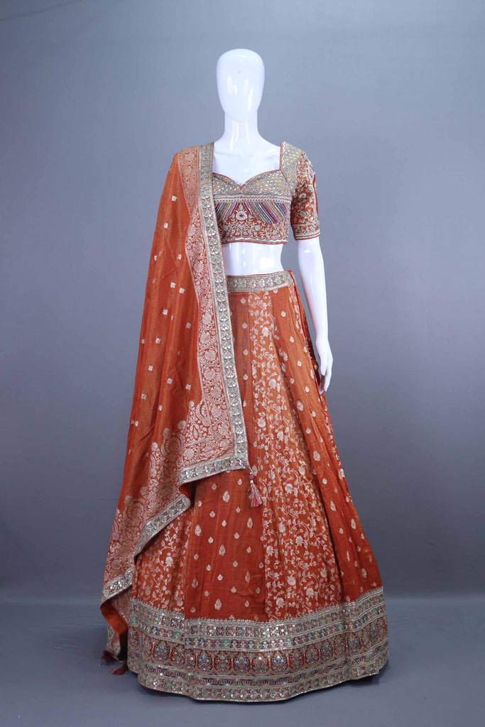 Rust Orange Embroidered Silk Lehenga Choli Festive Wear