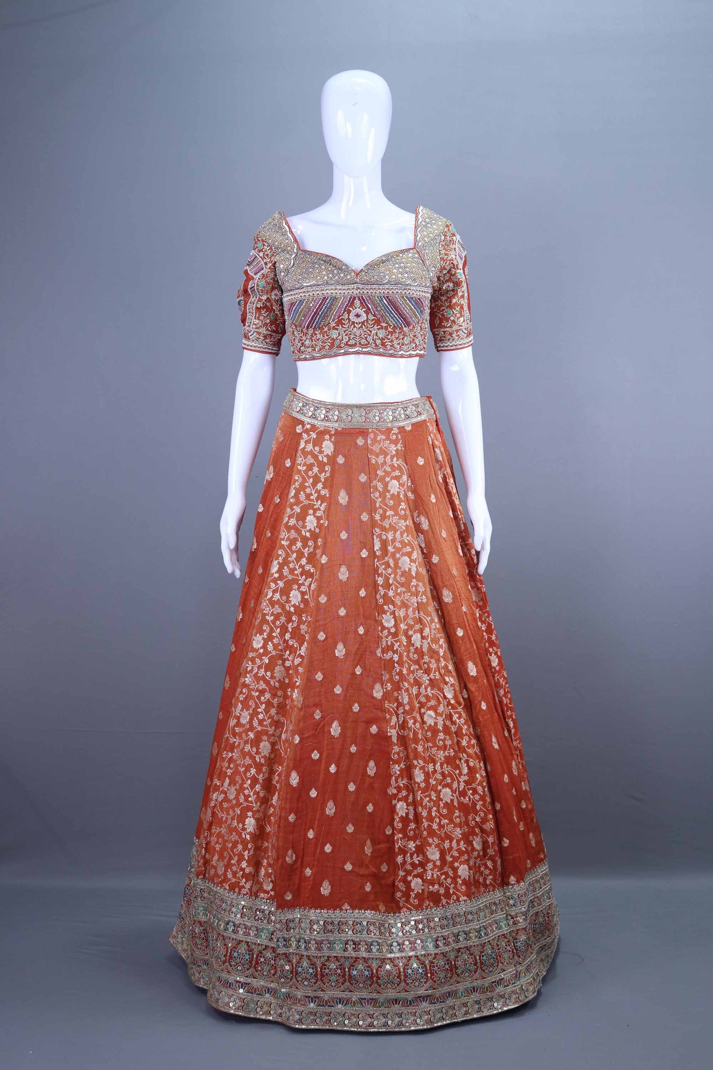 Rust Orange Embroidered Silk Lehenga Choli Festive Wear