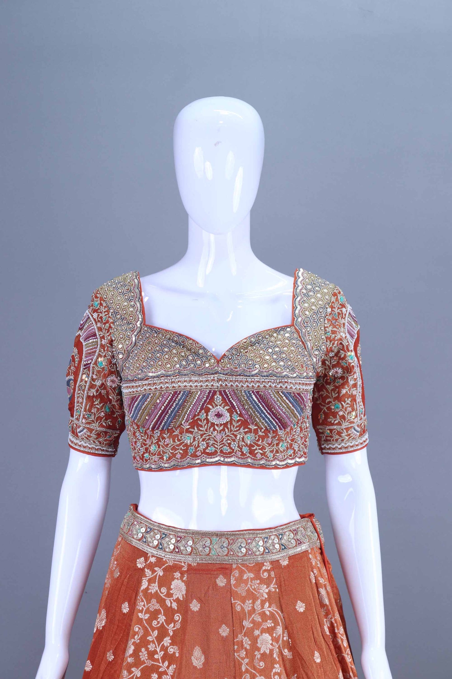 Rust Orange Embroidered Silk Lehenga Choli Festive Wear