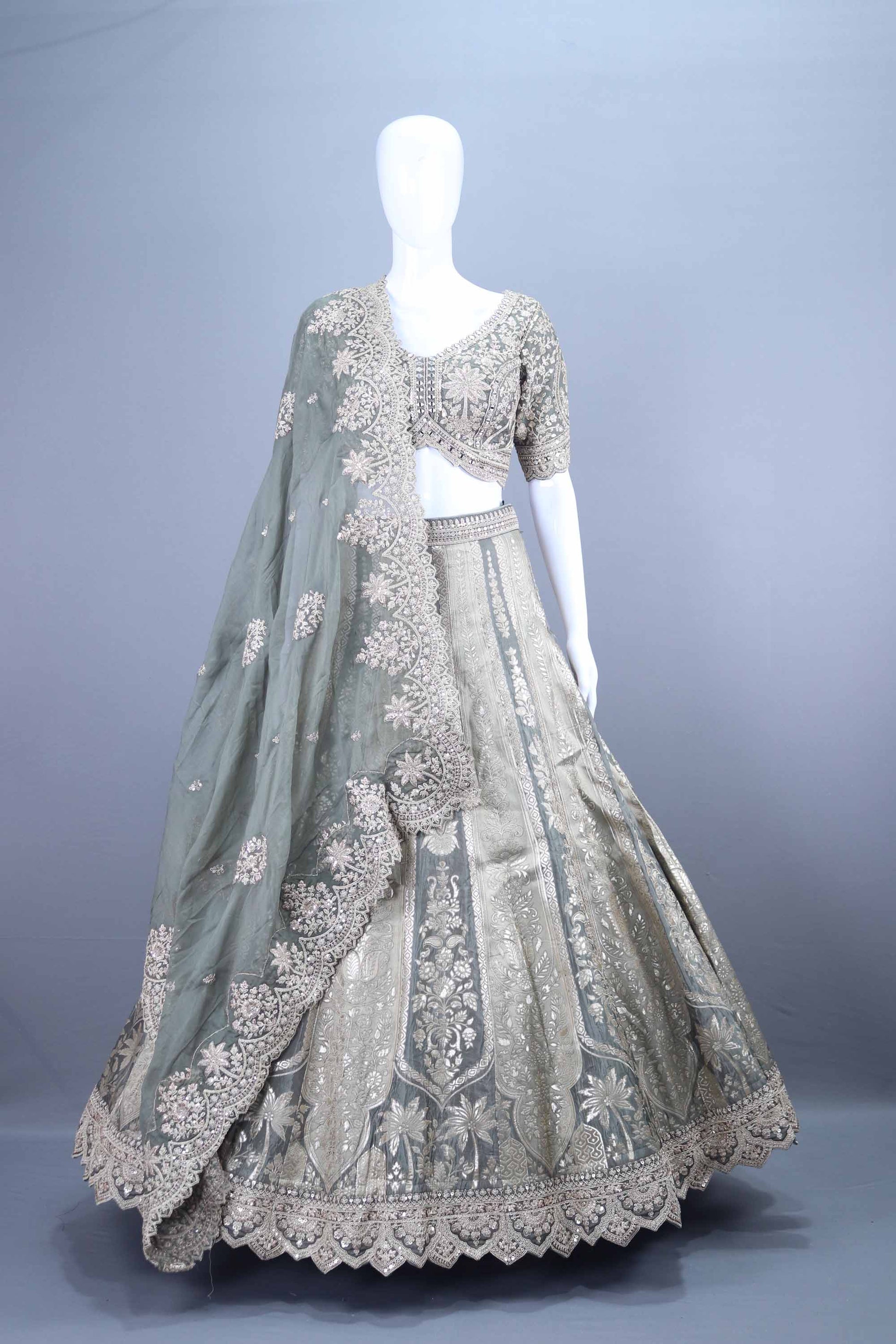 Sage Green Silk Bridal Lehenga Choli Designer Wedding Outfit