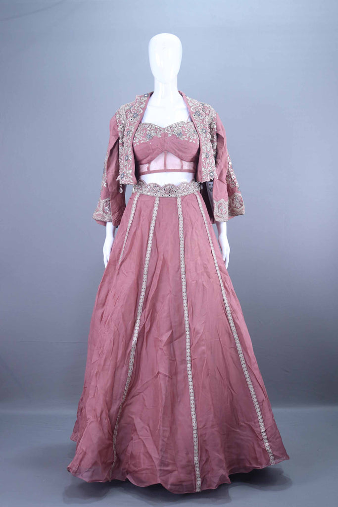 Dusty Pink Crop Top Lehenga with Jacket Designer Indo Western Outfit