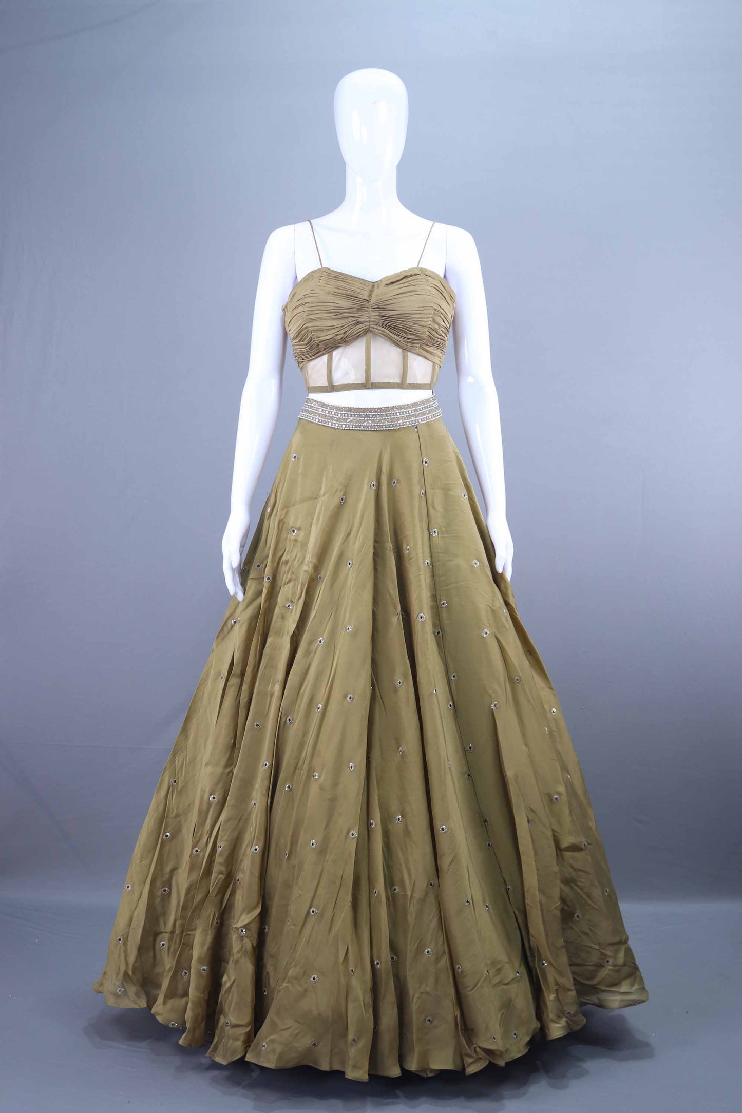 Olive Green Crop Top Lehenga with Jacket Designer Indo Western Outfit