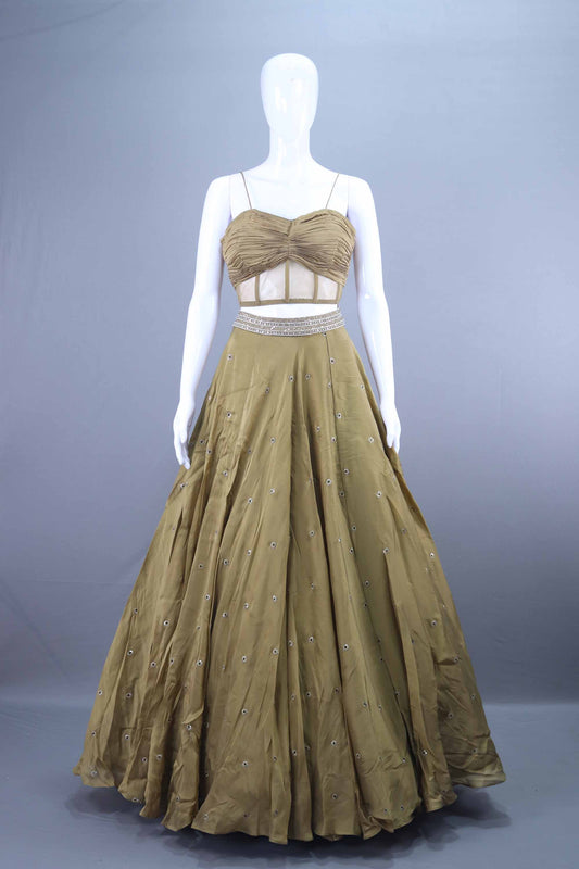 Olive Green Crop Top Lehenga with Jacket Designer Indo Western Outfit