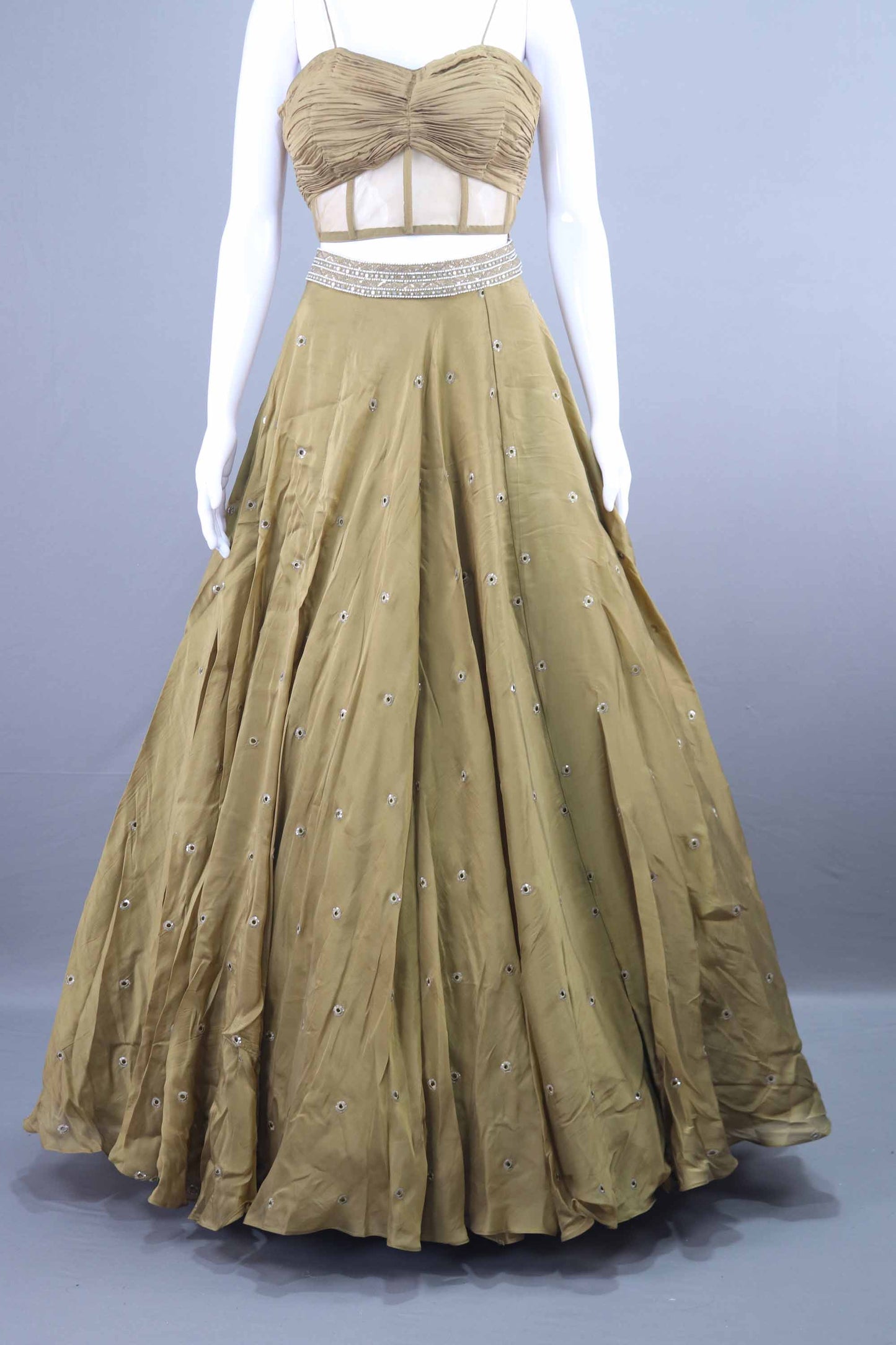 Olive Green Crop Top Lehenga with Jacket Designer Indo Western Outfit