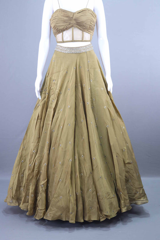 Olive Green Crop Top Lehenga with Jacket Designer Indo Western Outfit