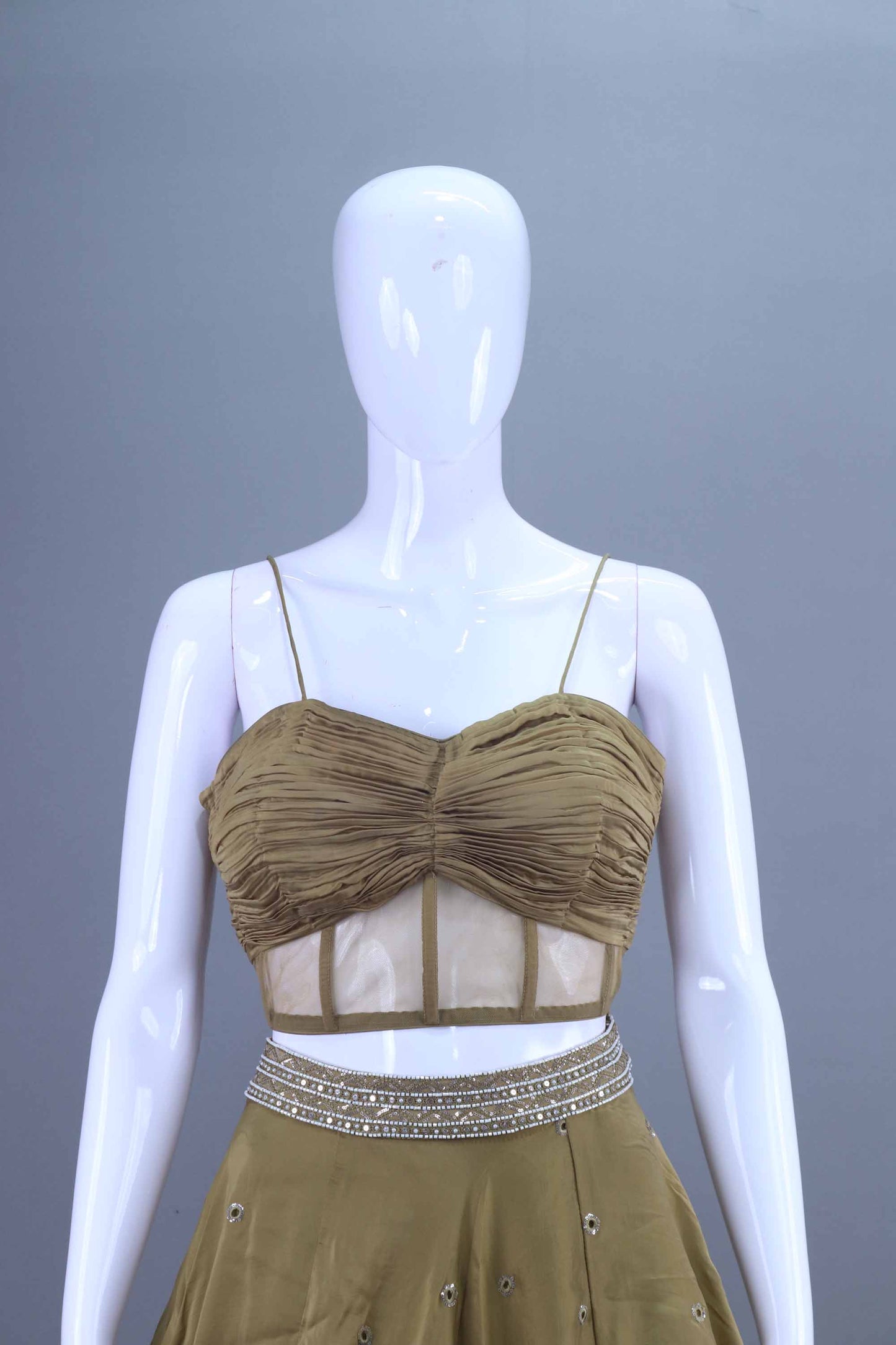 Olive Green Crop Top Lehenga with Jacket Designer Indo Western Outfit