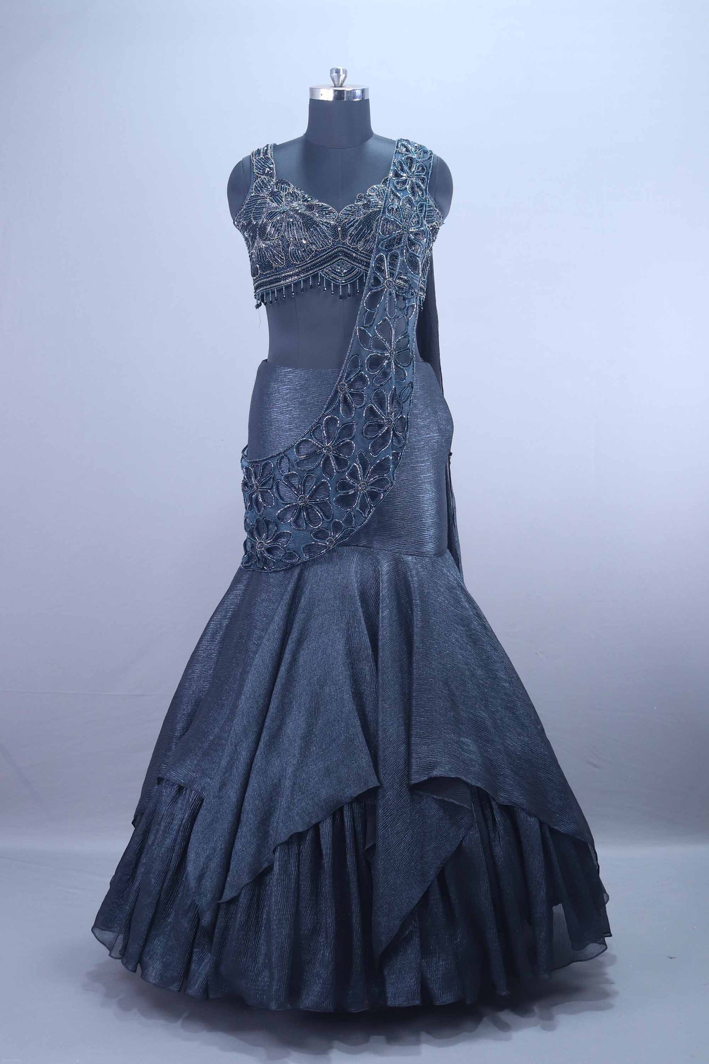 Designer Dark Grey Mermaid Lehenga Choli Layered Skirt Dupatta Set