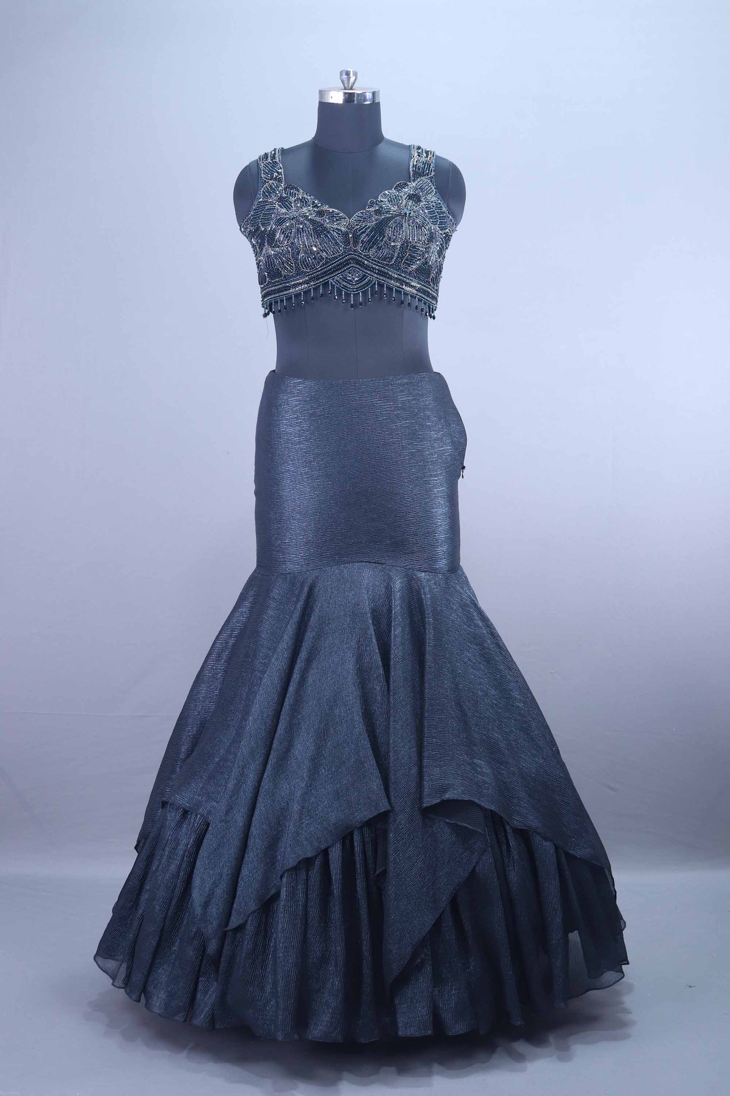 Designer Dark Grey Mermaid Lehenga Choli Layered Skirt Dupatta Set