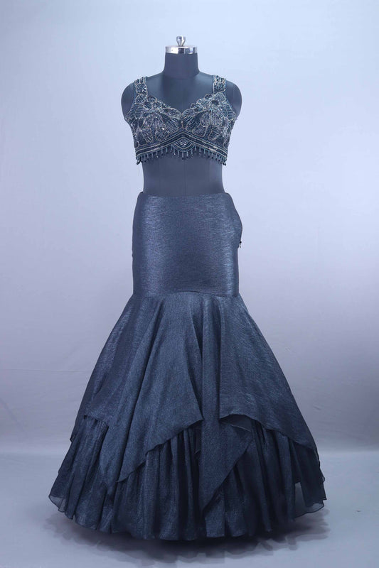 Designer Dark Grey Mermaid Lehenga Choli Layered Skirt Dupatta Set
