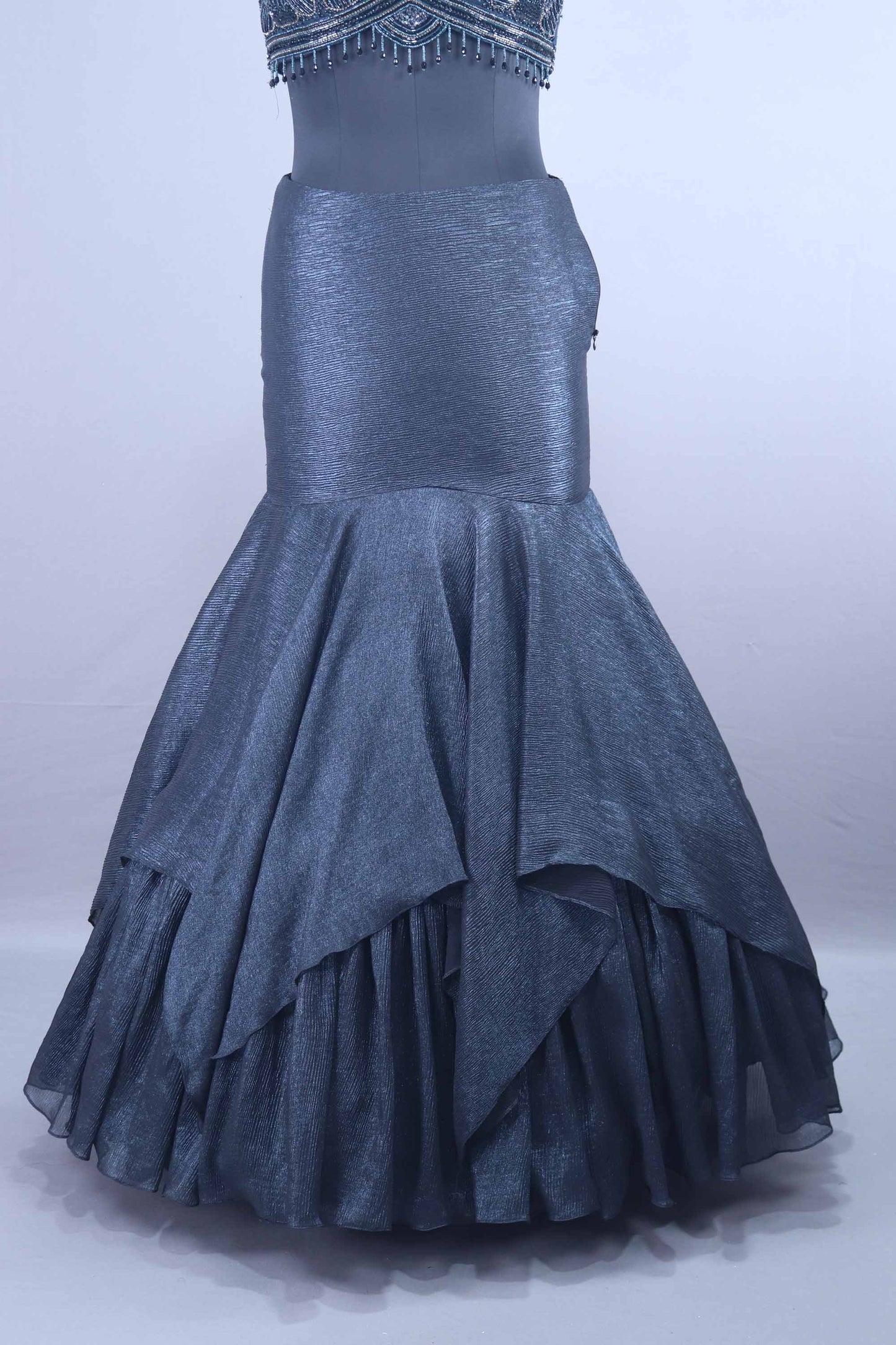 Designer Dark Grey Mermaid Lehenga Choli Layered Skirt Dupatta Set