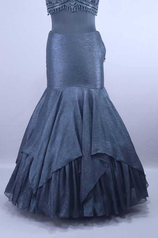 Designer Dark Grey Mermaid Lehenga Choli Layered Skirt Dupatta Set