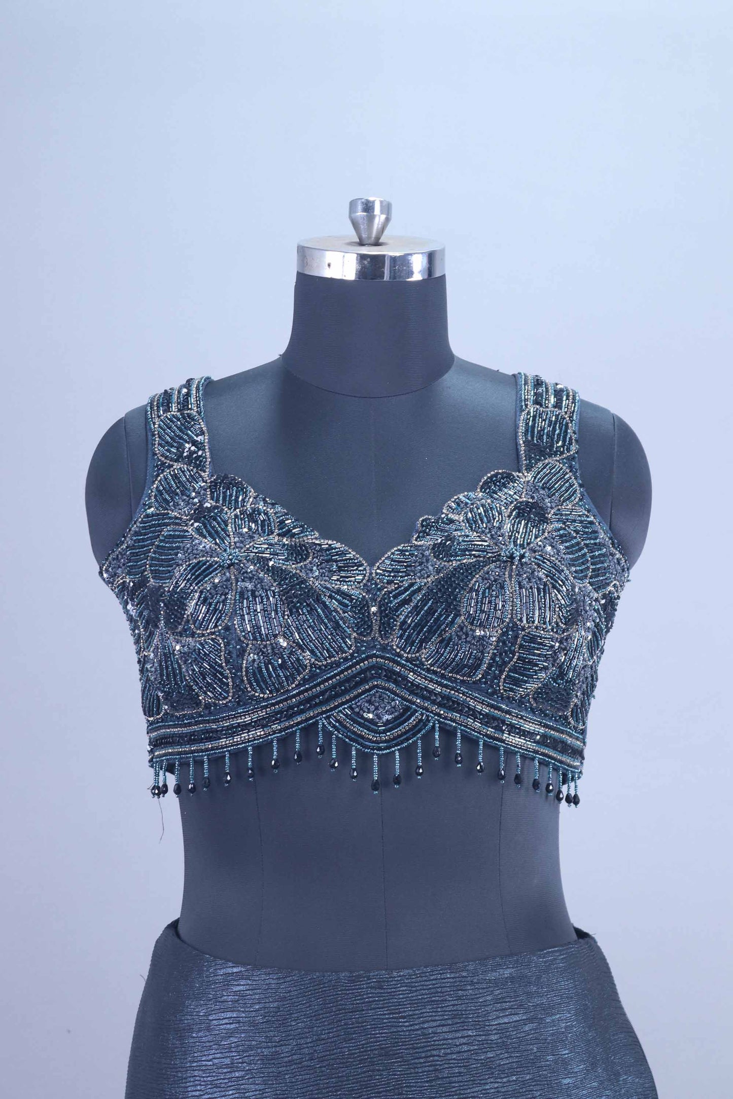 Designer Dark Grey Mermaid Lehenga Choli Layered Skirt Dupatta Set