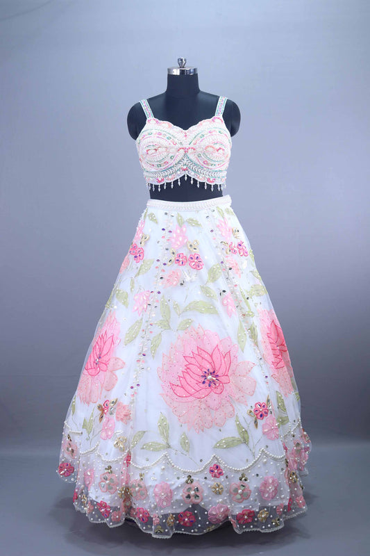 White Net Lehenga Choli with Beaded Cape Dupatta Party Wear