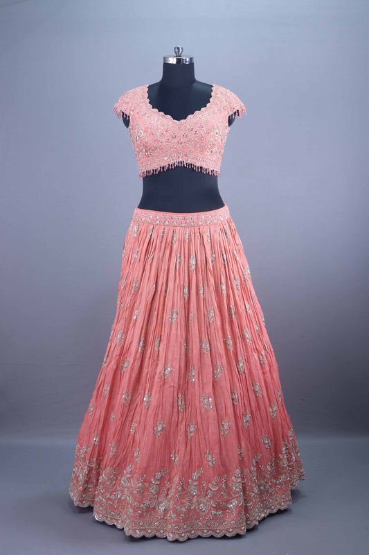 Peach Embroidered Silk Lehenga Choli with Dupatta