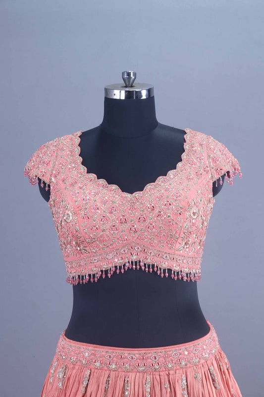 Peach Embroidered Silk Lehenga Choli with Dupatta