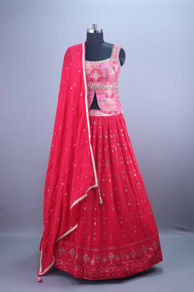 Designer Red Georgette Lehenga Choli Embroidered Dupatta