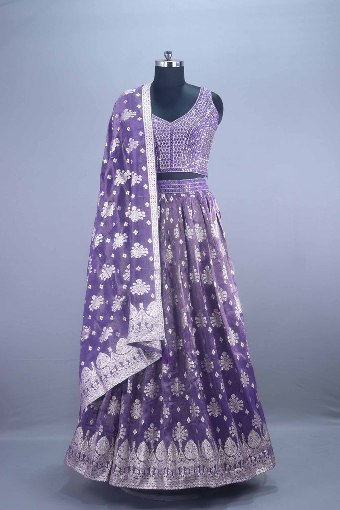 Designer Purple Mirror Work Velvet Lehenga Choli with Embroidered Dupatta