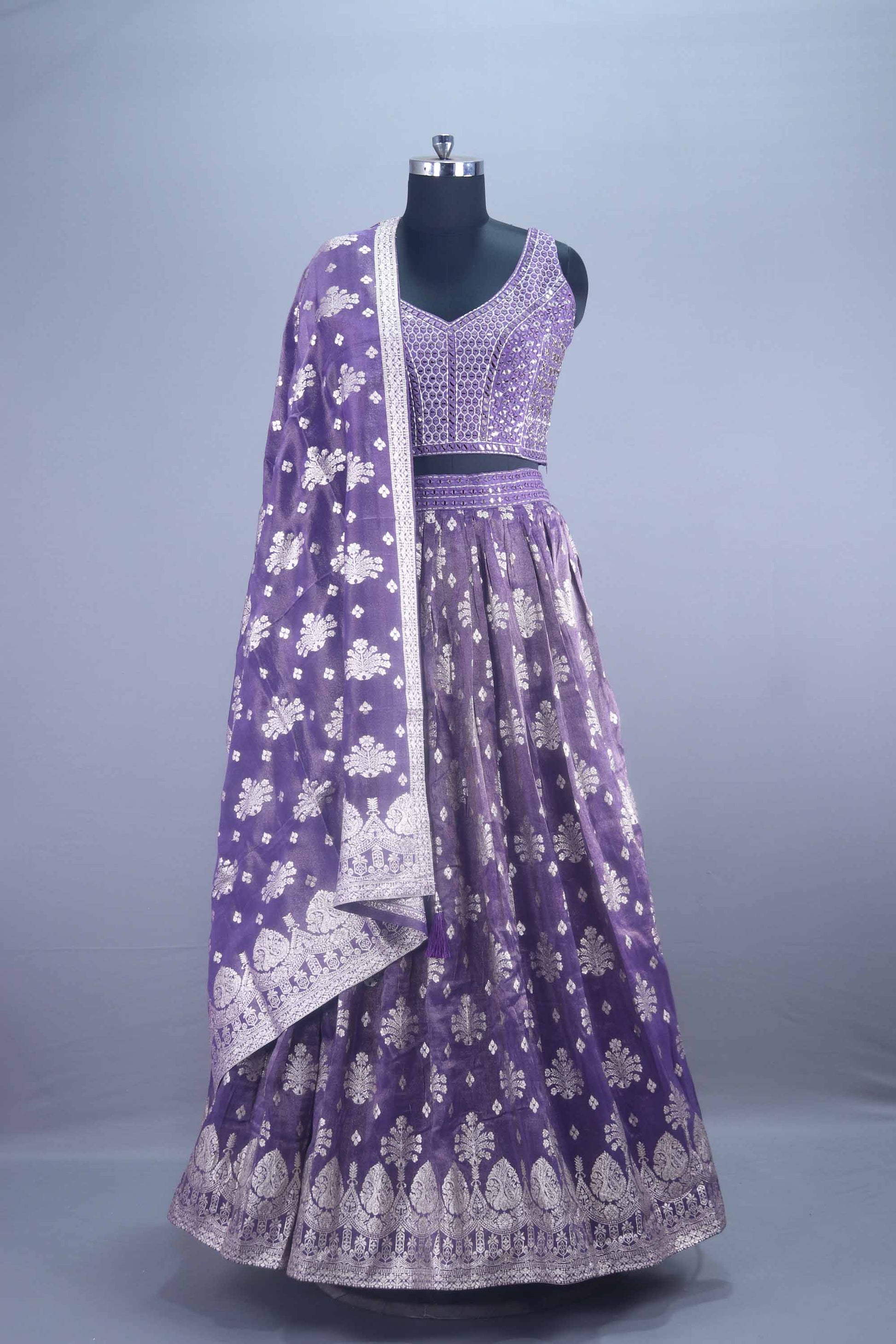 Designer Purple Mirror Work Velvet Lehenga Choli with Embroidered Dupatta