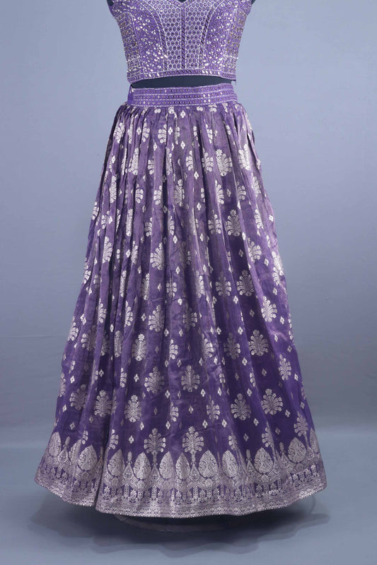 Designer Purple Mirror Work Velvet Lehenga Choli with Embroidered Dupatta