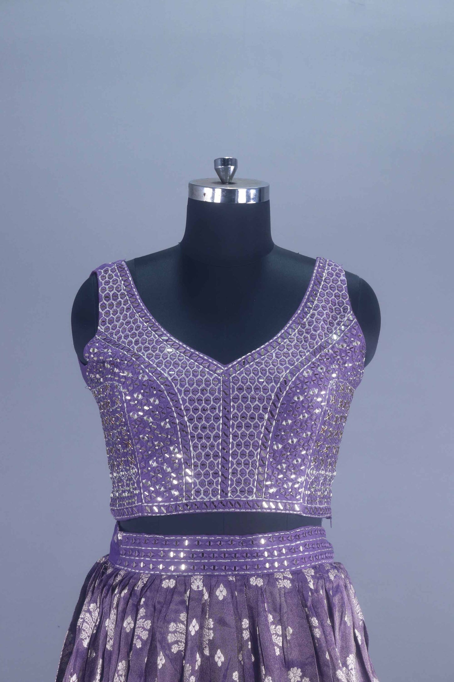 Designer Purple Mirror Work Velvet Lehenga Choli with Embroidered Dupatta