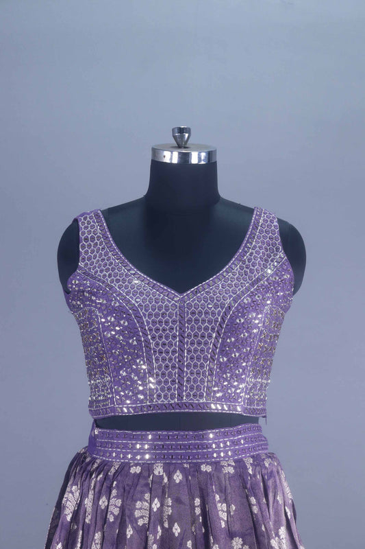 Designer Purple Mirror Work Velvet Lehenga Choli with Embroidered Dupatta