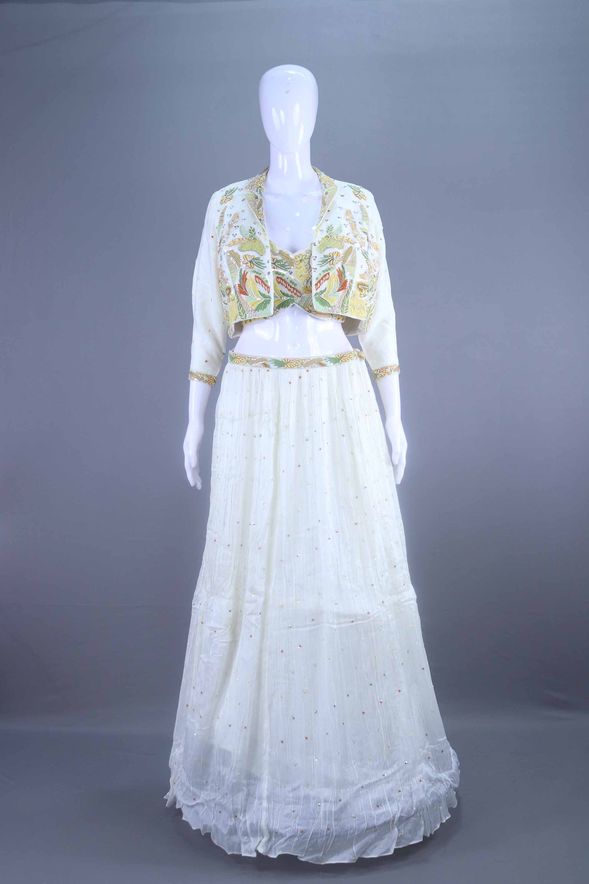 White Embroidered Lehenga Choli with Stylish Jacket Party Wear