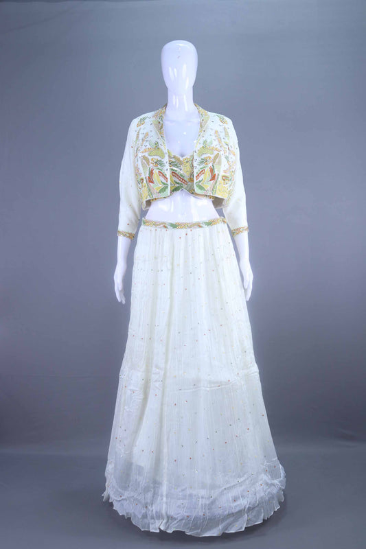 White Embroidered Lehenga Choli with Stylish Jacket Party Wear