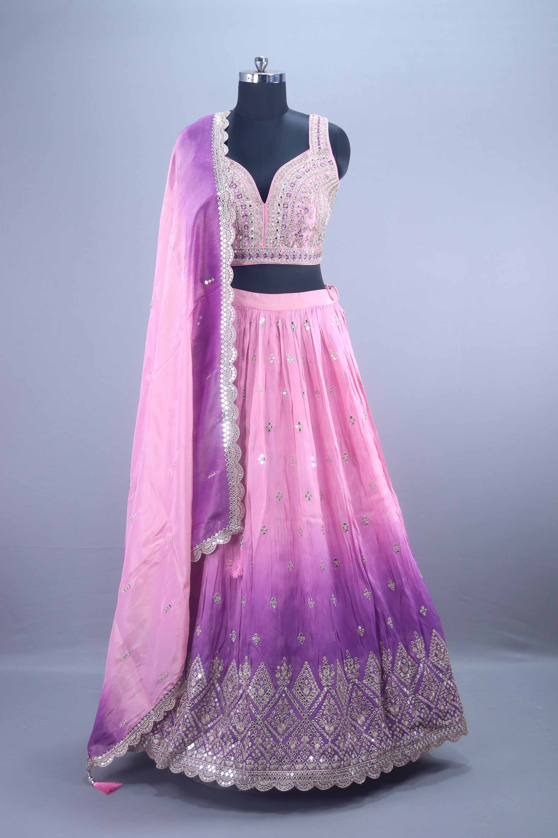 Designer Pink and Purple Ombre Embroidered Silk Lehenga Choli with Dupatta
