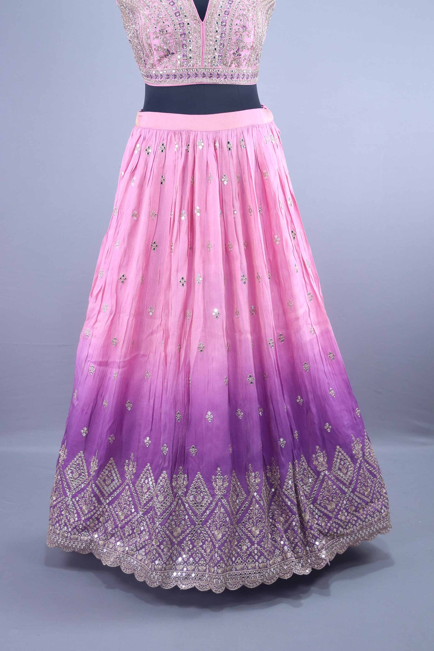 Designer Pink and Purple Ombre Embroidered Silk Lehenga Choli with Dupatta