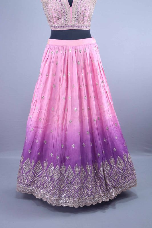 Designer Pink and Purple Ombre Embroidered Silk Lehenga Choli with Dupatta
