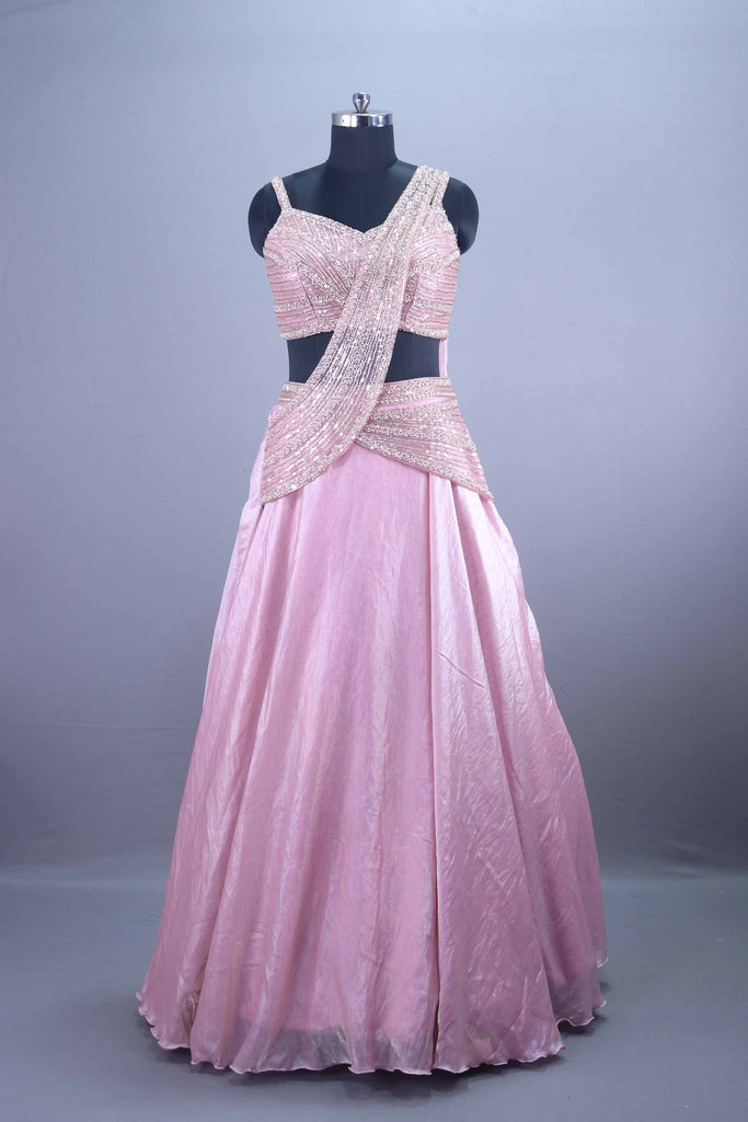Pink Sequined Silk Lehenga Set with Stylish Draped Blouse