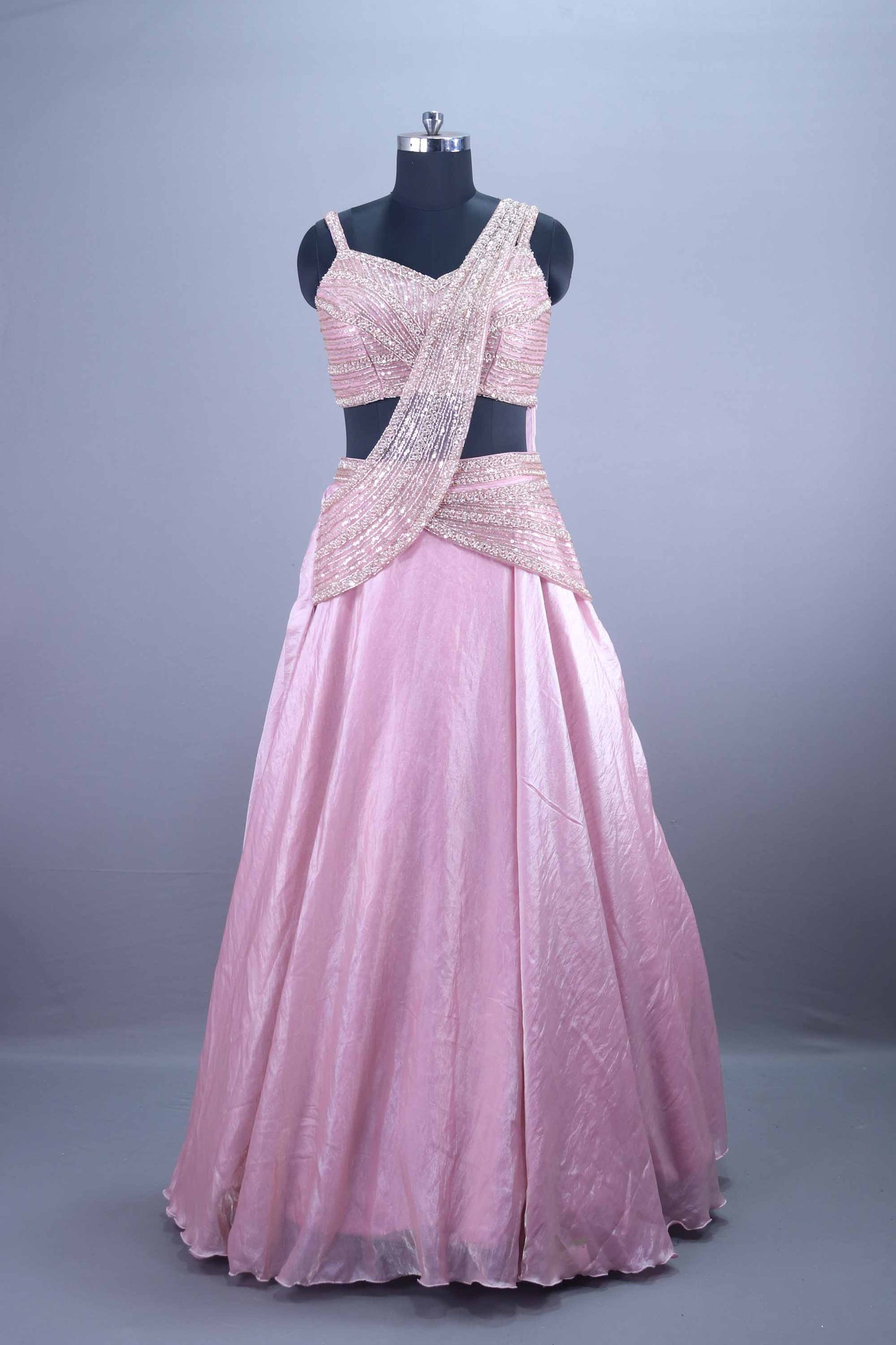 Pink Sequined Silk Lehenga Set with Stylish Draped Blouse