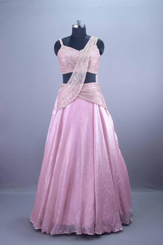 Pink Sequined Silk Lehenga Set with Stylish Draped Blouse