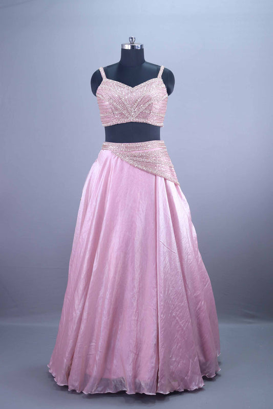 Pink Sequined Silk Lehenga Set with Stylish Draped Blouse
