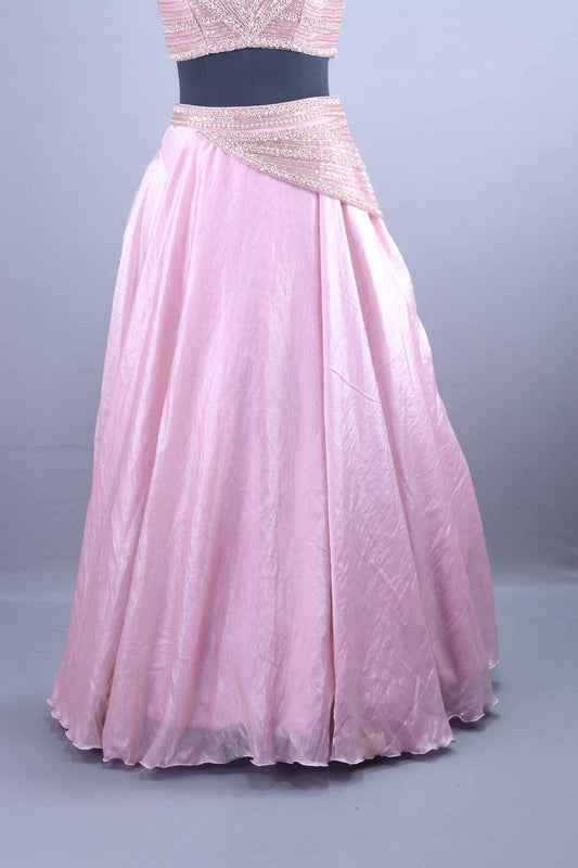 Pink Sequined Silk Lehenga Set with Stylish Draped Blouse
