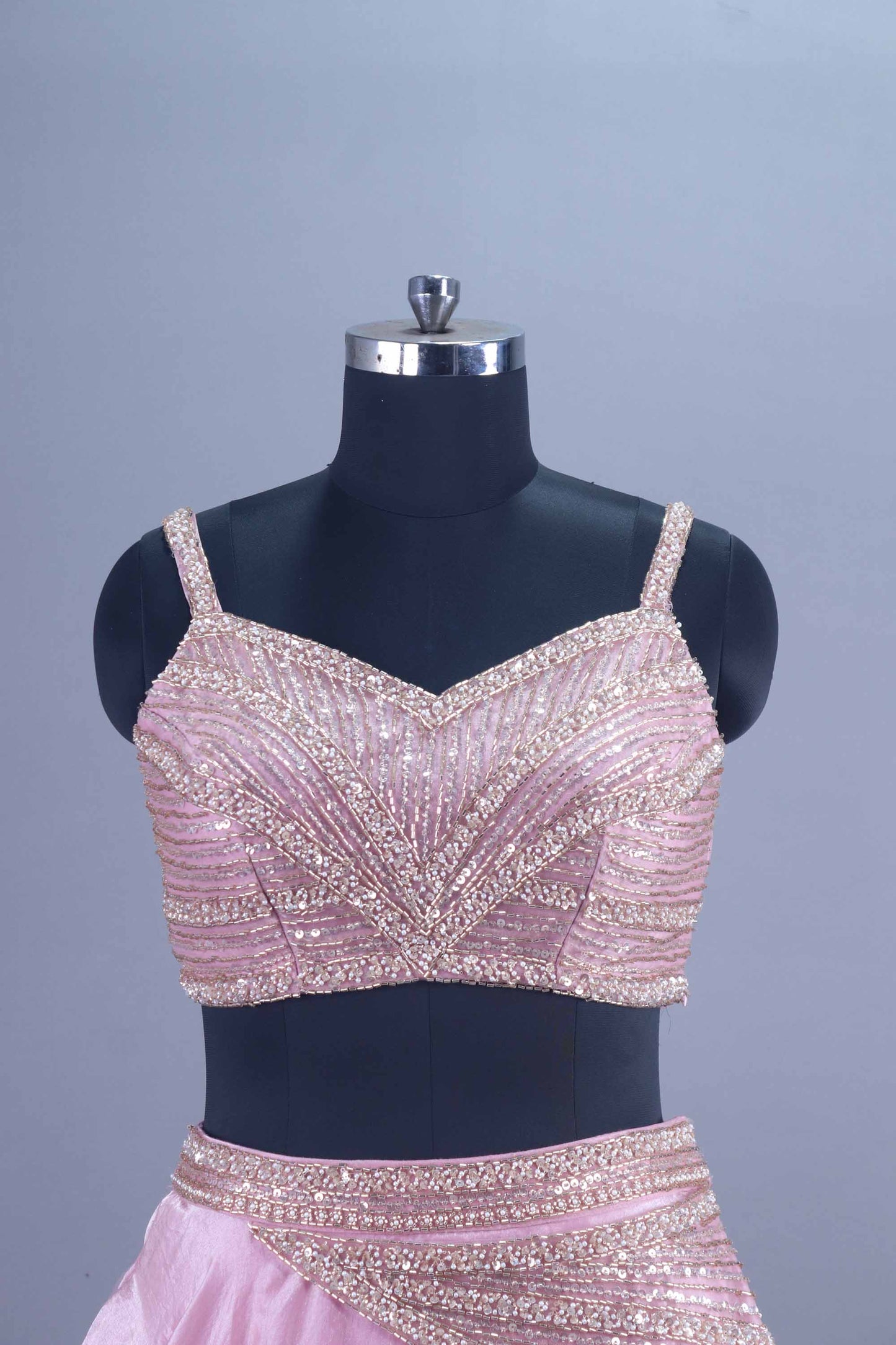 Pink Sequined Silk Lehenga Set with Stylish Draped Blouse