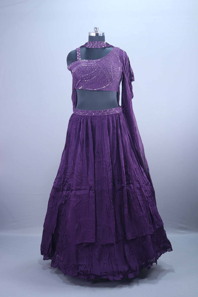 Stylish Purple One Shoulder Sequined Georgette Lehenga Set