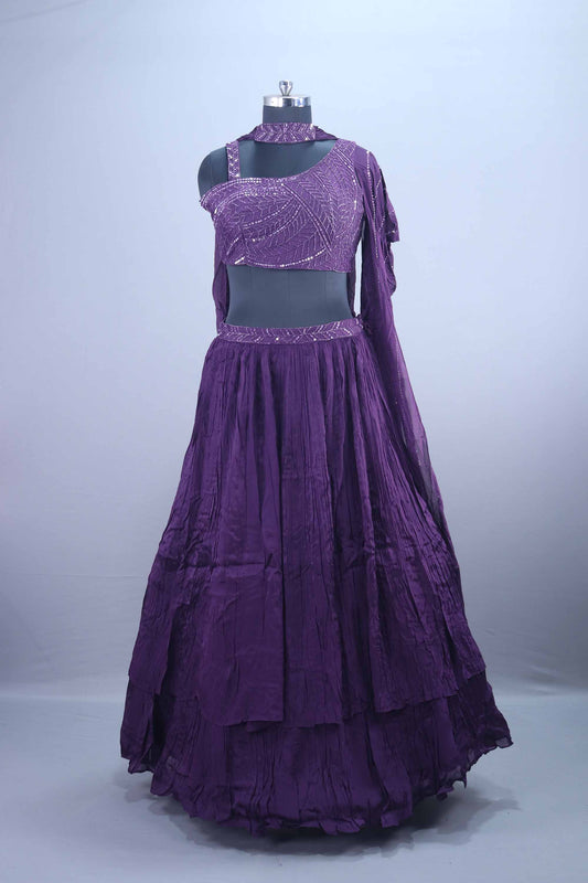 Stylish Purple One Shoulder Sequined Georgette Lehenga Set