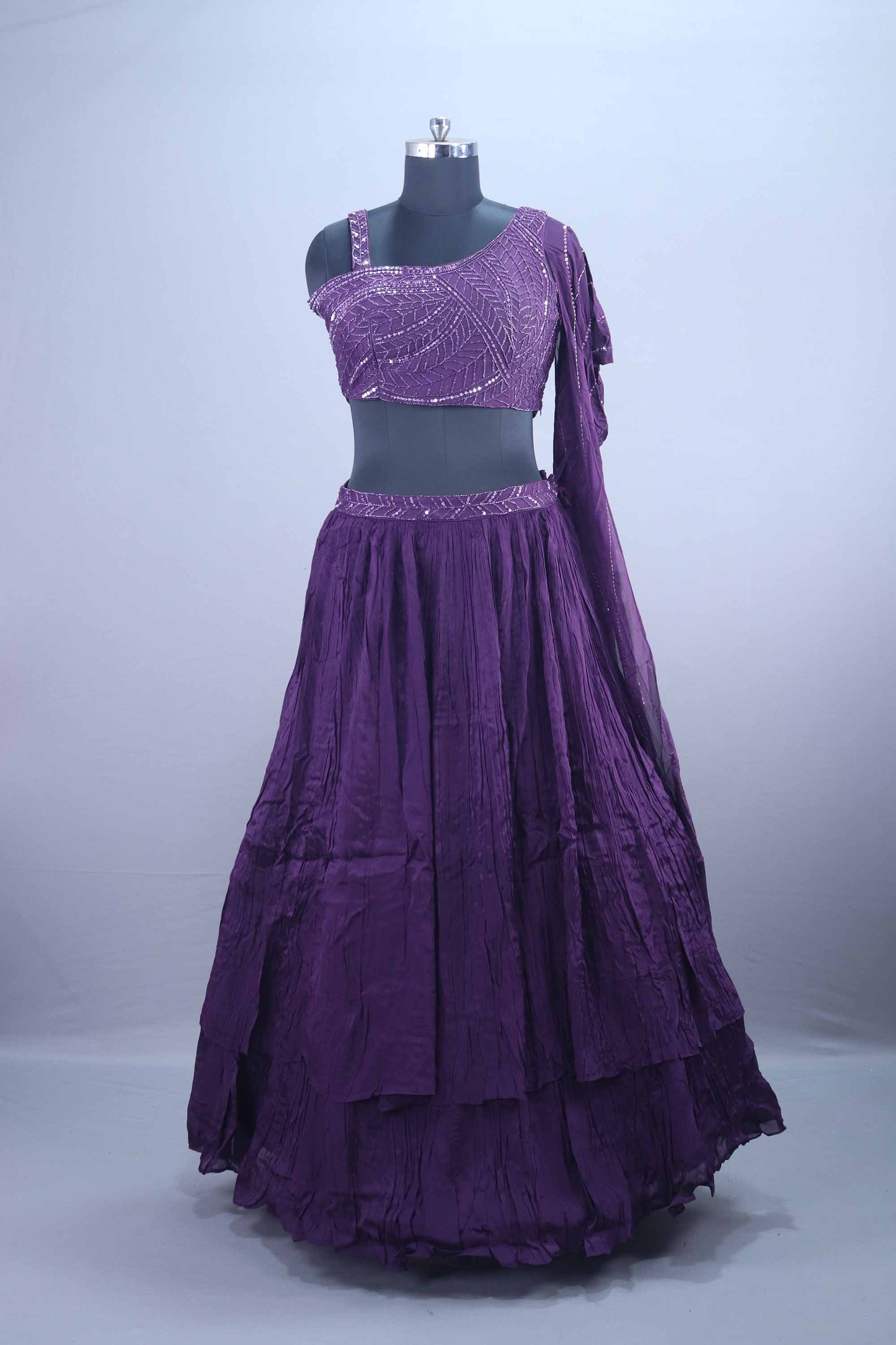 Stylish Purple One Shoulder Sequined Georgette Lehenga Set